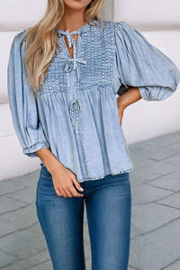 Women's Denim Pintuck Bow Tie Blouse in Light Wash
