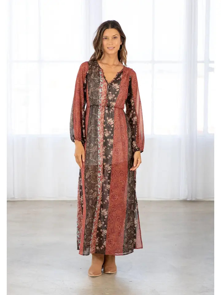 Women's L/S Floral Patchwork Bohemian Maxi Dress in Cinnamon and Brown