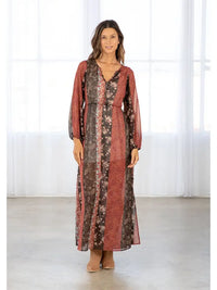 Women's L/S Floral Patchwork Bohemian Maxi Dress in Cinnamon and Brown