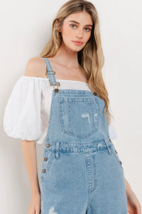 Women's Distressed Wide Leg Denim Overalls in Light Wash