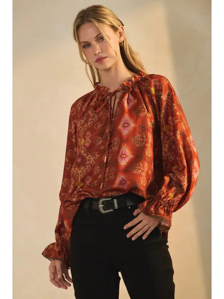 Women's L/S Satin Twill Aztec Print Blouse in Terracotta (Available in Regular and Plus Sizes)