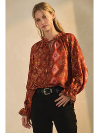 Women's L/S Satin Twill Aztec Print Blouse in Terracotta (Available in Regular and Plus Sizes)