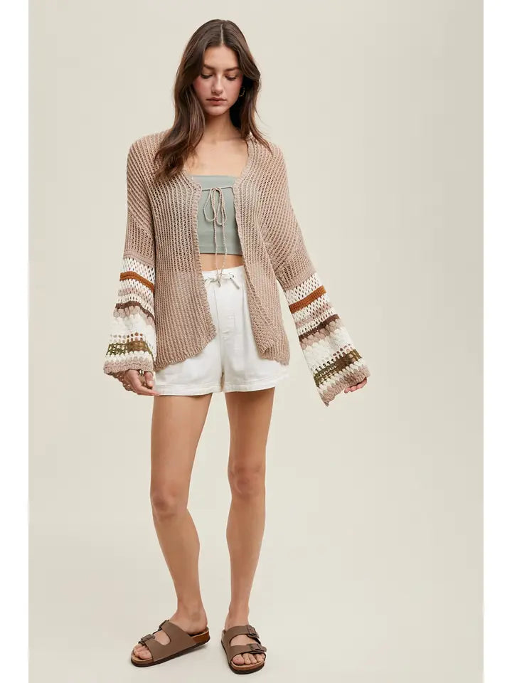 Women's Multi-Color Sleeve Crochet Tie Front Cardigan in Mocha and Olive