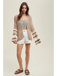 Women's Multi-Color Sleeve Crochet Tie Front Cardigan in Mocha and Olive