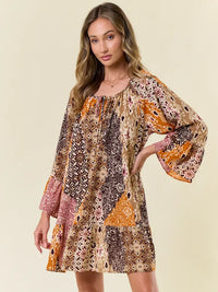 Women's L/S Boho Pattern Ruffled A-Line Mini Dress