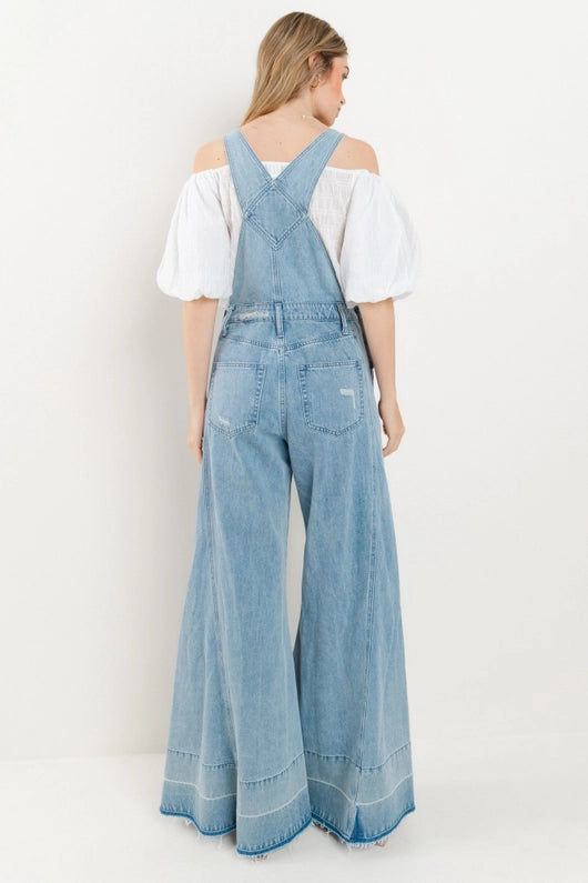 Women's Distressed Wide Leg Denim Overalls in Light Wash
