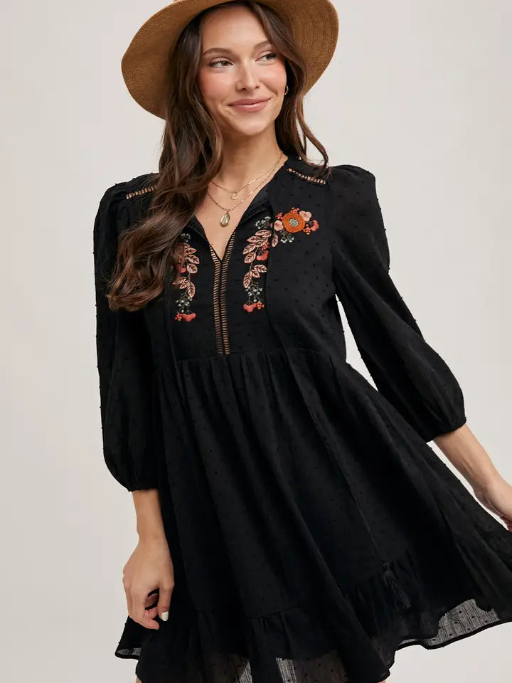 Women's 3/4 Sleeve Embroidered Ruffle Babydoll Dress in Black