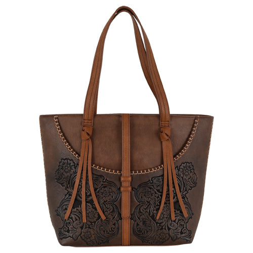 Justin Floral Embossed Brown Leather Tote Bag