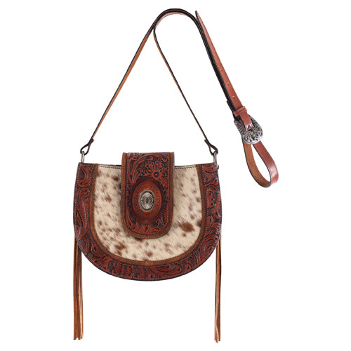 Justin Hair On Hide Floral Tooled Brown Leather Saddle Bag
