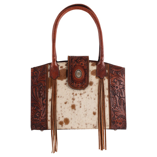 Justin Hair On Hide Floral Tooled Brown Leather Tote Bag