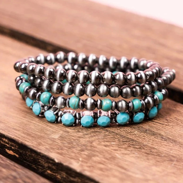 Western Bolton Bay Silver Tone Layered Stretch Bracelet Set (Multiple Colors Available)