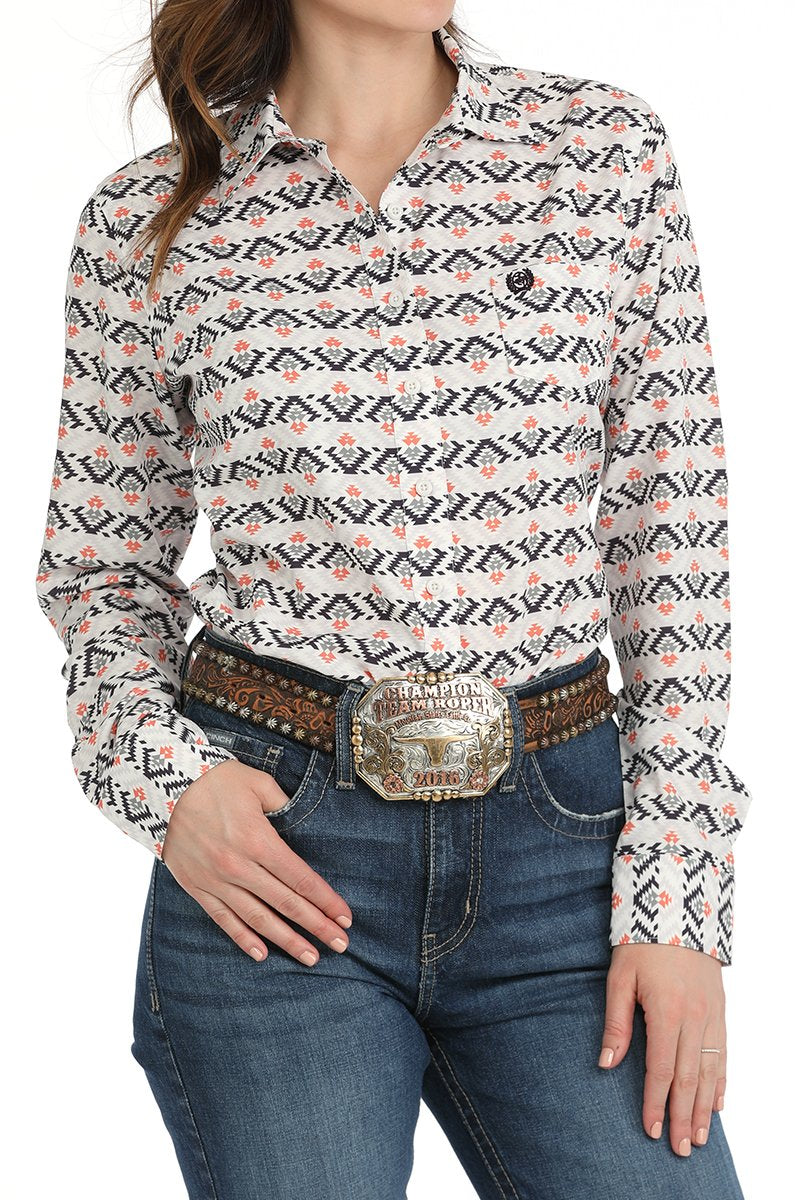 Cinch Women's L/S Arenaflex Aztec Western Button Down Shirt in White