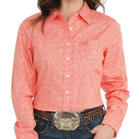 Cinch Women's L/S Stretch Paisley Western Button Down Shirt in Coral