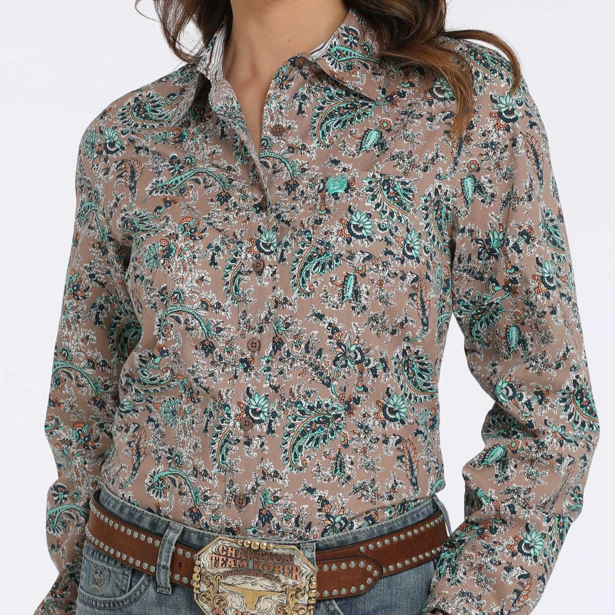 Cinch Women's L/S Floral Print Western Button Down Shirt in Brown