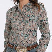 Cinch Women's L/S Floral Print Western Button Down Shirt in Brown