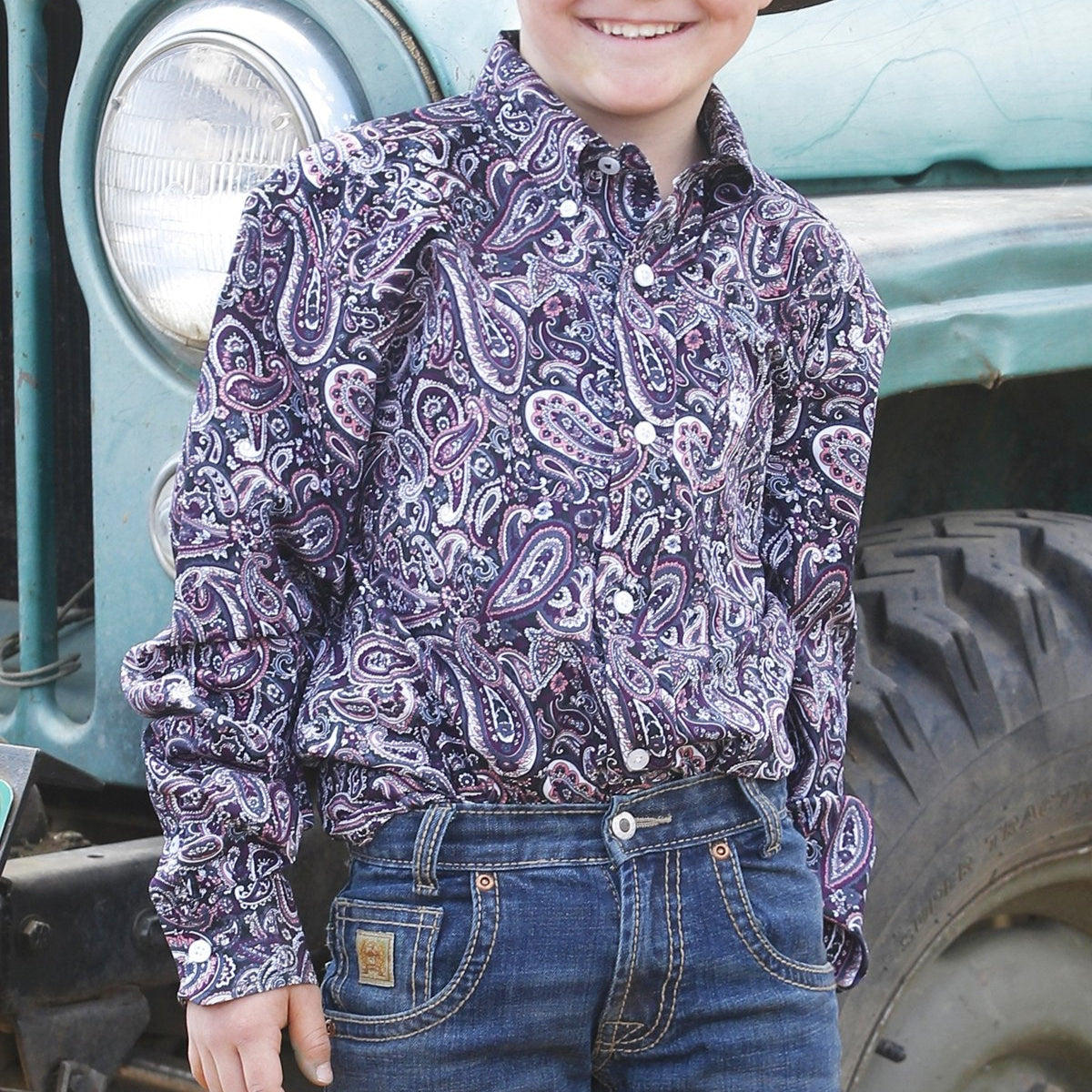 Cinch Youth Boy's L/S Paisley Button Down Western Shirt in Purple