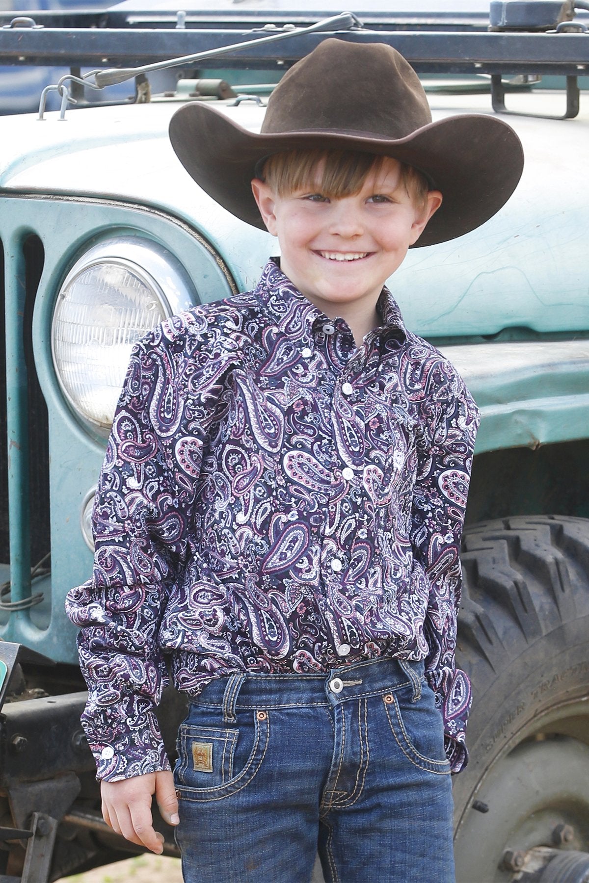 Cinch Youth Boy's L/S Paisley Button Down Western Shirt in Purple