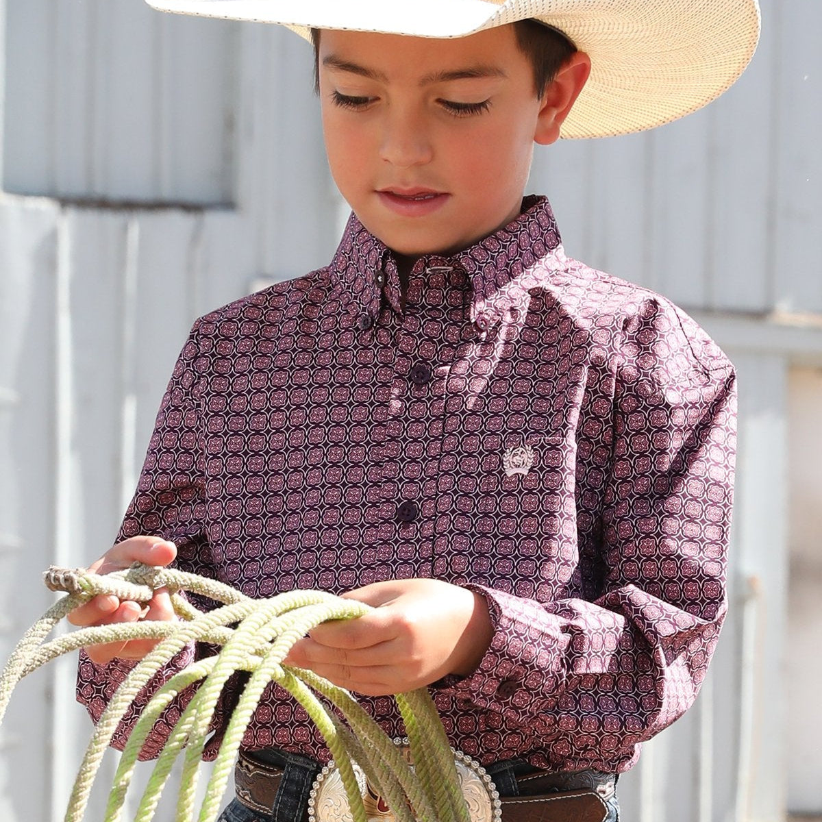 Cinch Youth Boy's L/S Geometric Button Down Shirt in Purple