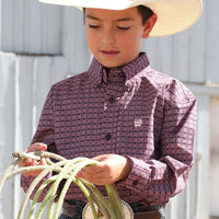 Cinch Youth Boy's L/S Geometric Button Down Shirt in Purple