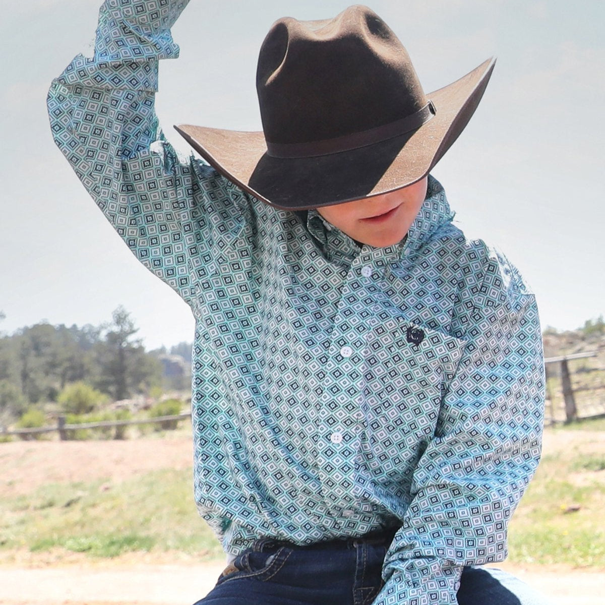 Cinch Youth Boy's L/S Geometric Print Button Down Western Shirt in Turquoise