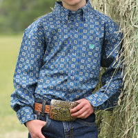 Cinch Youth Boy's L/S Geometric Print Button Down Western Shirt in Royal Blue