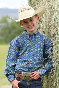 Cinch Youth Boy's L/S Geometric Print Button Down Western Shirt in Royal Blue