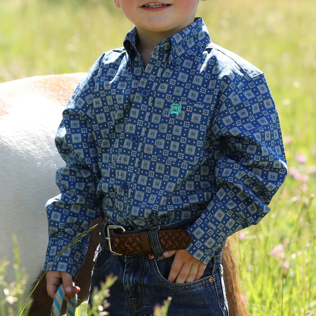 Cinch Baby & Toddler Boy's L/S Geometric Print Button Down Shirt in Royal Blue