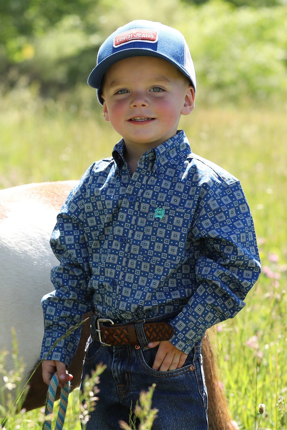Cinch Baby & Toddler Boy's L/S Geometric Print Button Down Shirt in Royal Blue