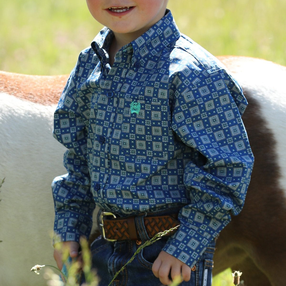 Cinch Baby & Toddler Boy's L/S Geometric Print Button Down Shirt in Royal Blue