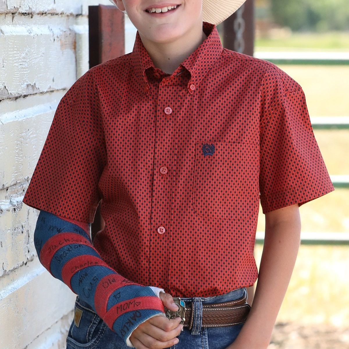 Cinch Youth Boy's S/S Diamond Print Western Button Down Shirt in Red
