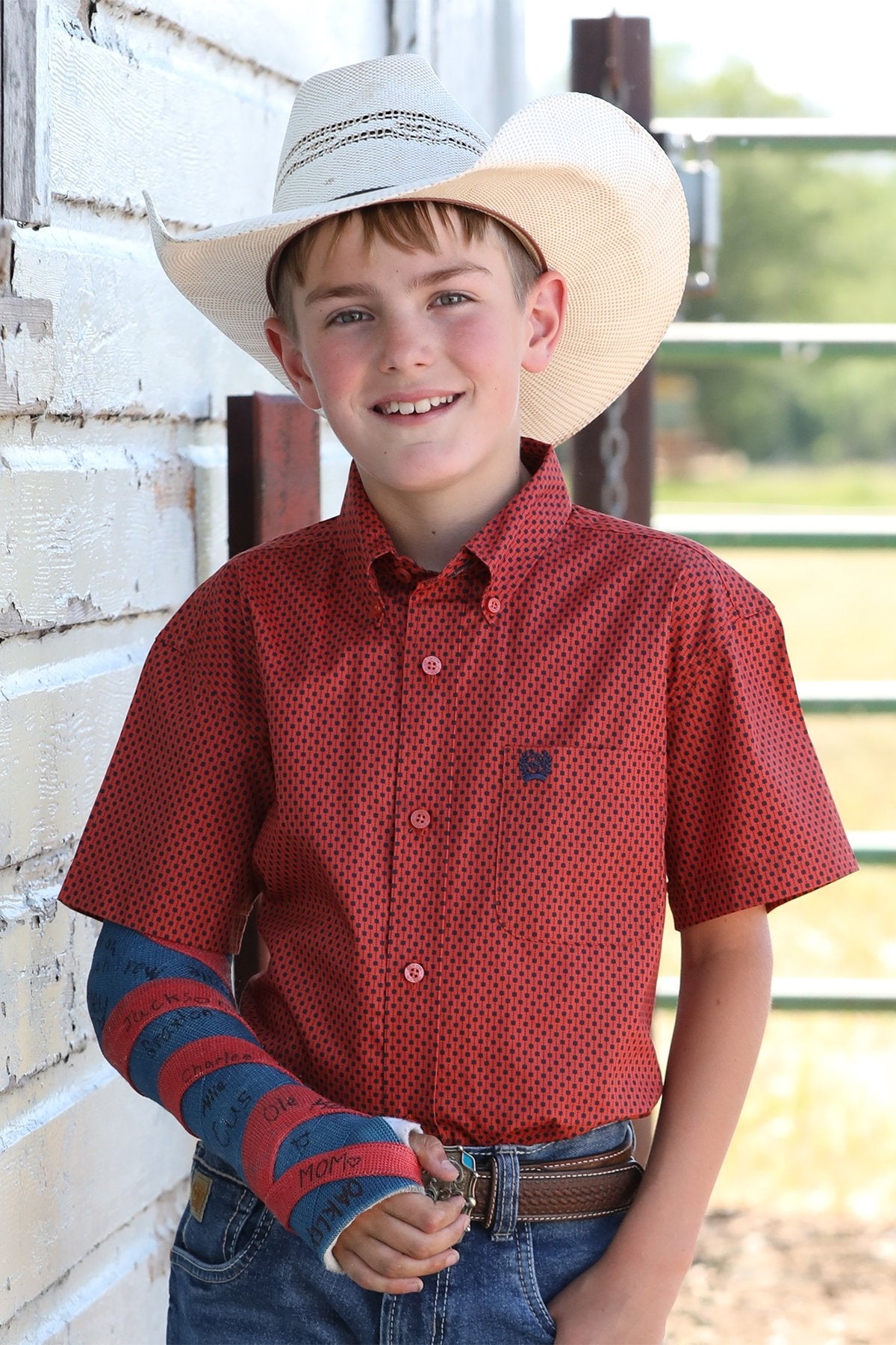 Cinch Youth Boy's S/S Diamond Print Western Button Down Shirt in Red
