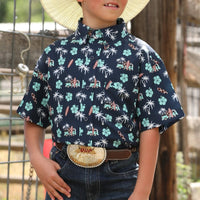 Cinch Youth Boy's S/S Arenaflex Palm Tree Print Western Button Down Shirt in Navy