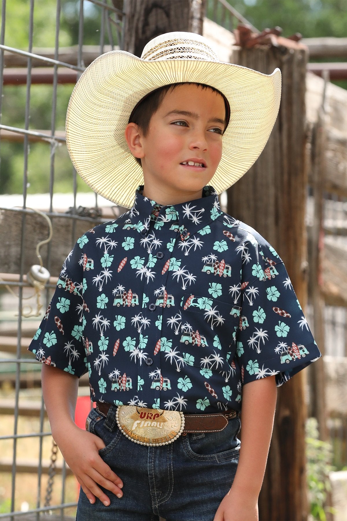 Cinch Youth Boy's S/S Arenaflex Palm Tree Print Western Button Down Shirt in Navy