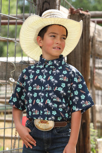 Cinch Youth Boy's S/S Arenaflex Palm Tree Print Western Button Down Shirt in Navy