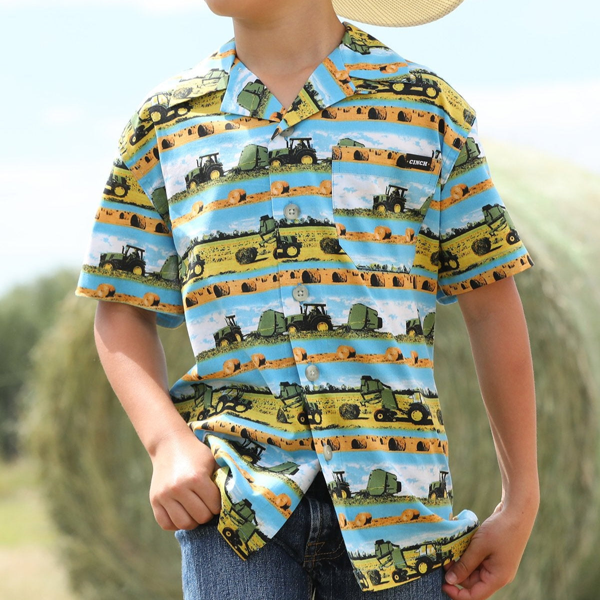 Cinch Youth Boy's S/S Hayin' Season Camp Shirt in Blue