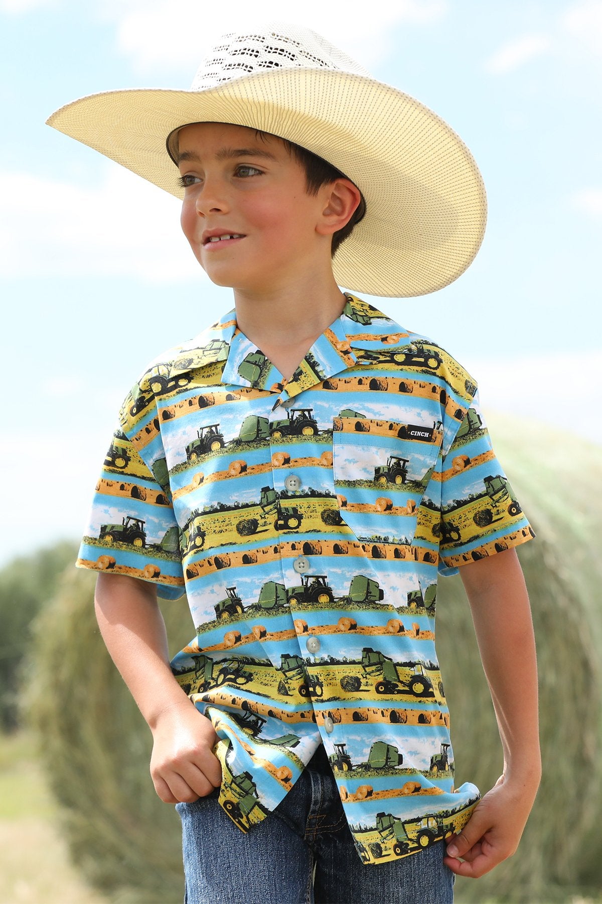 Cinch Youth Boy's S/S Hayin' Season Camp Shirt in Blue