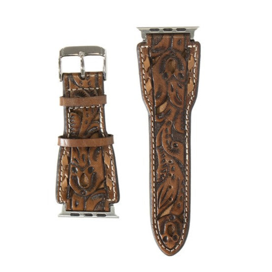 Nocona Floral Overlay Brown Leather iWatch Band
