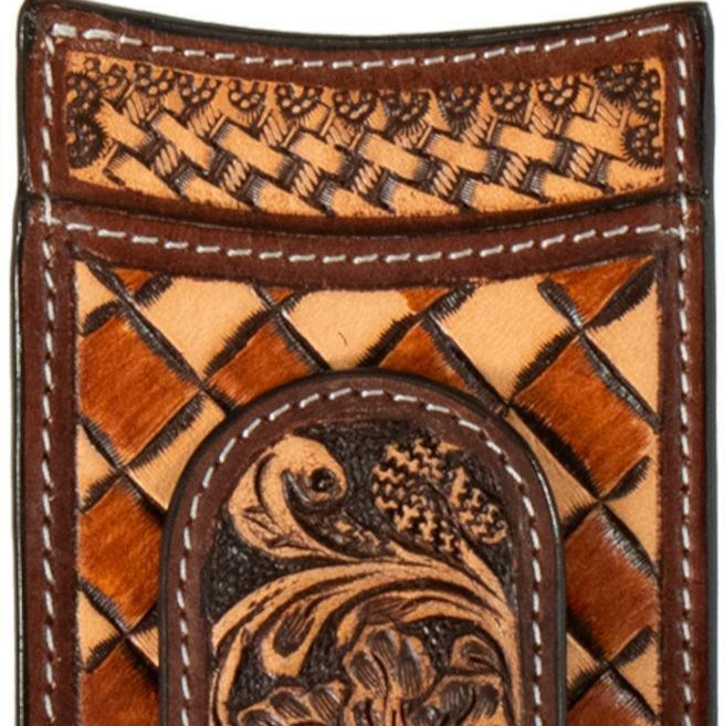 3D Men's Tan Checkered Basketweave & Floral Tooled Money Clip Card Case