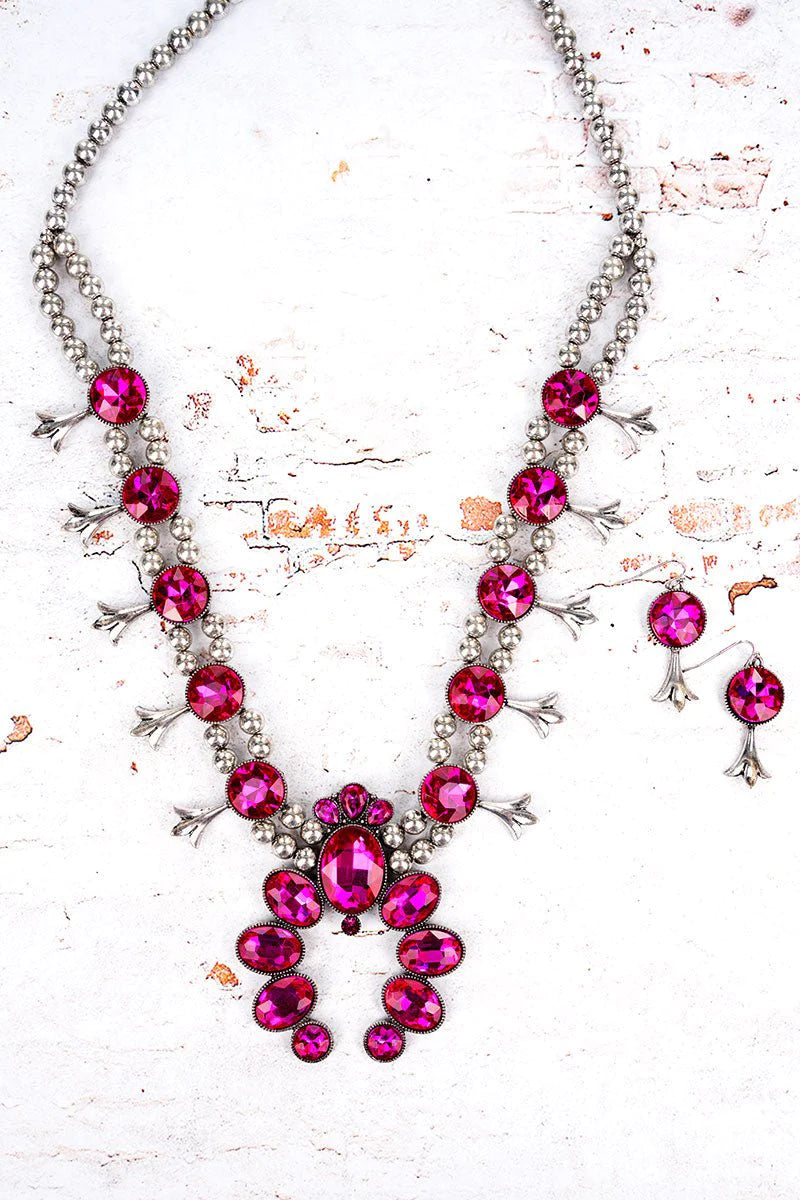 Western Canecreek Fuchsia Crystal Naja and Squash Blossom Silver Tone Necklace and Earring Set
