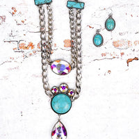 Western Ashton Turquoise and Iridescent Crystal Silver Tone Necklace and Earring Set