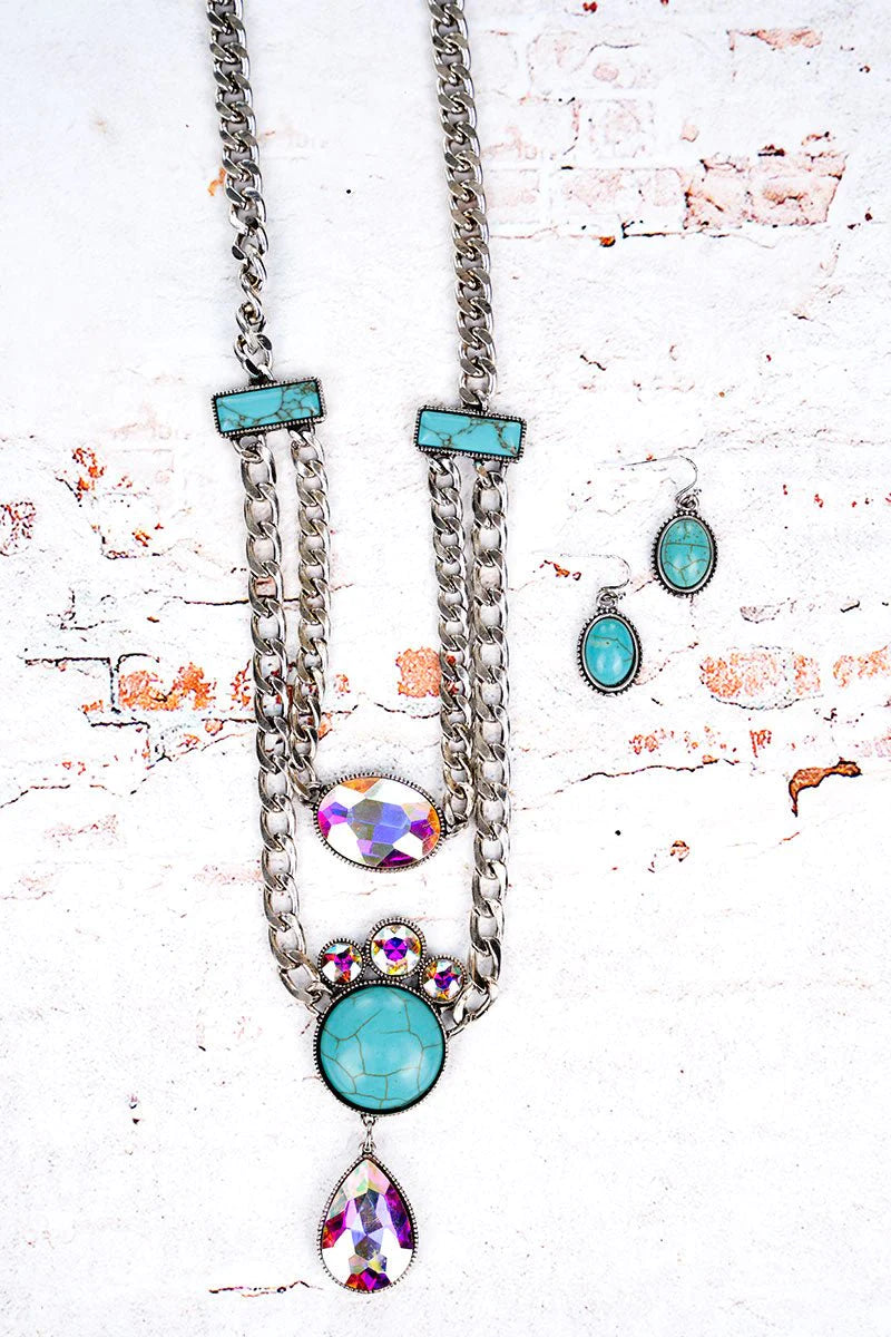 Western Ashton Turquoise and Iridescent Crystal Silver Tone Necklace and Earring Set