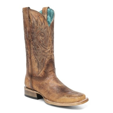 Corral Women's Embroidered Wide Square Toe Boot in Sand