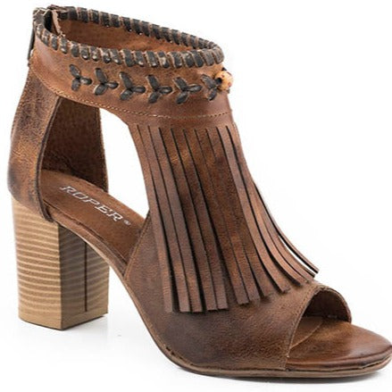 Roper Women's Bettina Open Toe Fringe Sandal-Tan