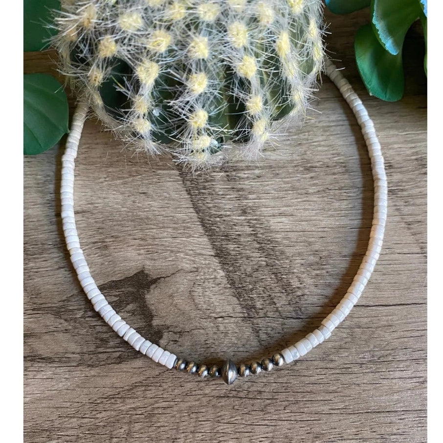White Beaded Choker with Real Navajo Pearls