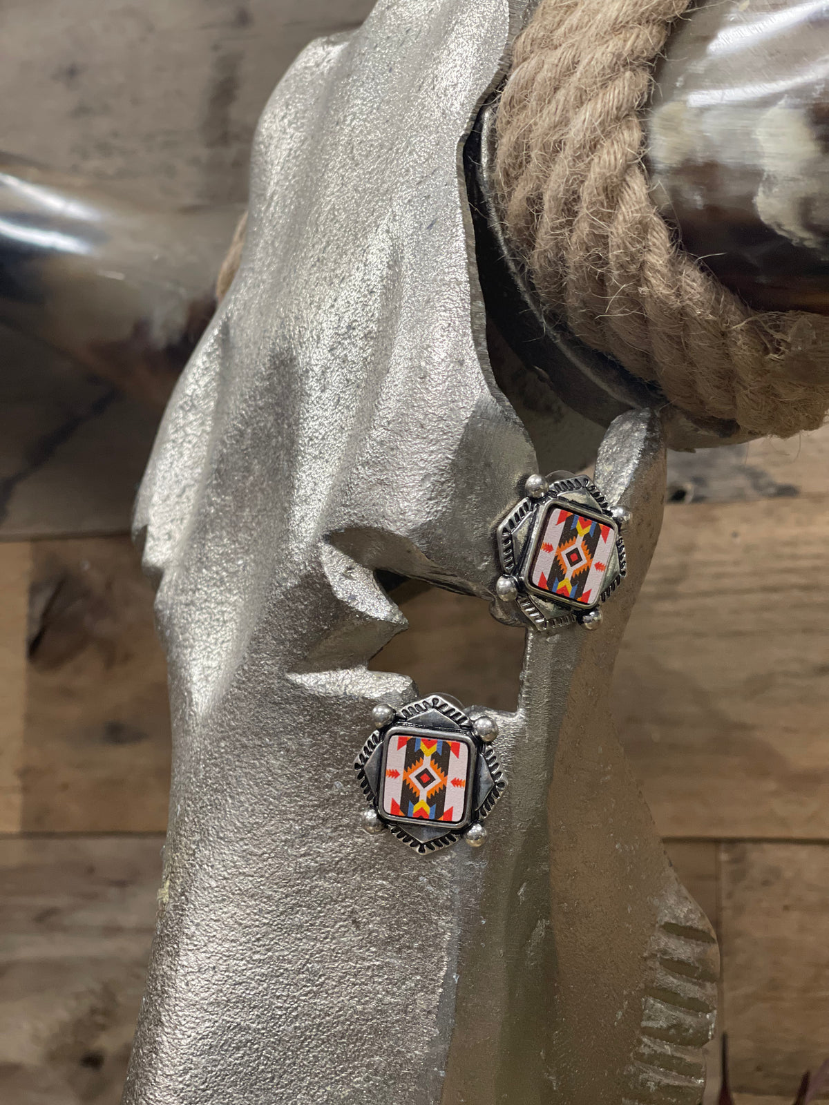 White Silver and Wood Accent Earrings