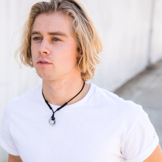 Aadi Men's Silver Ring on Black Leather Necklace