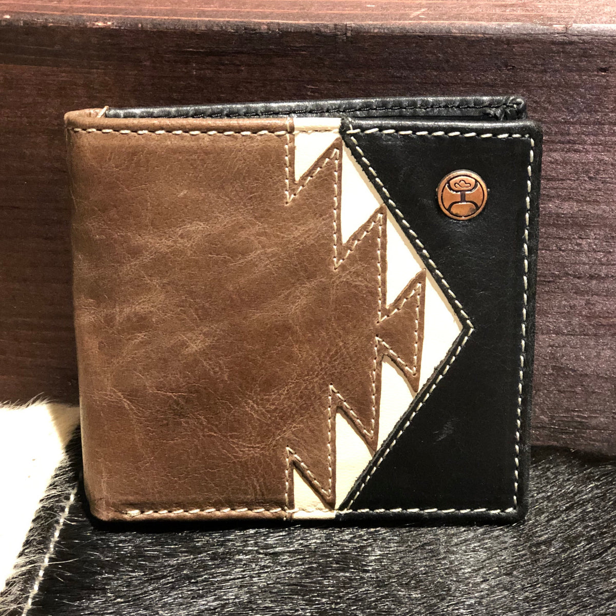 Hooey Tonkawa Ivory Aztec Inlay Bi-Fold Wallet in Black and Brown