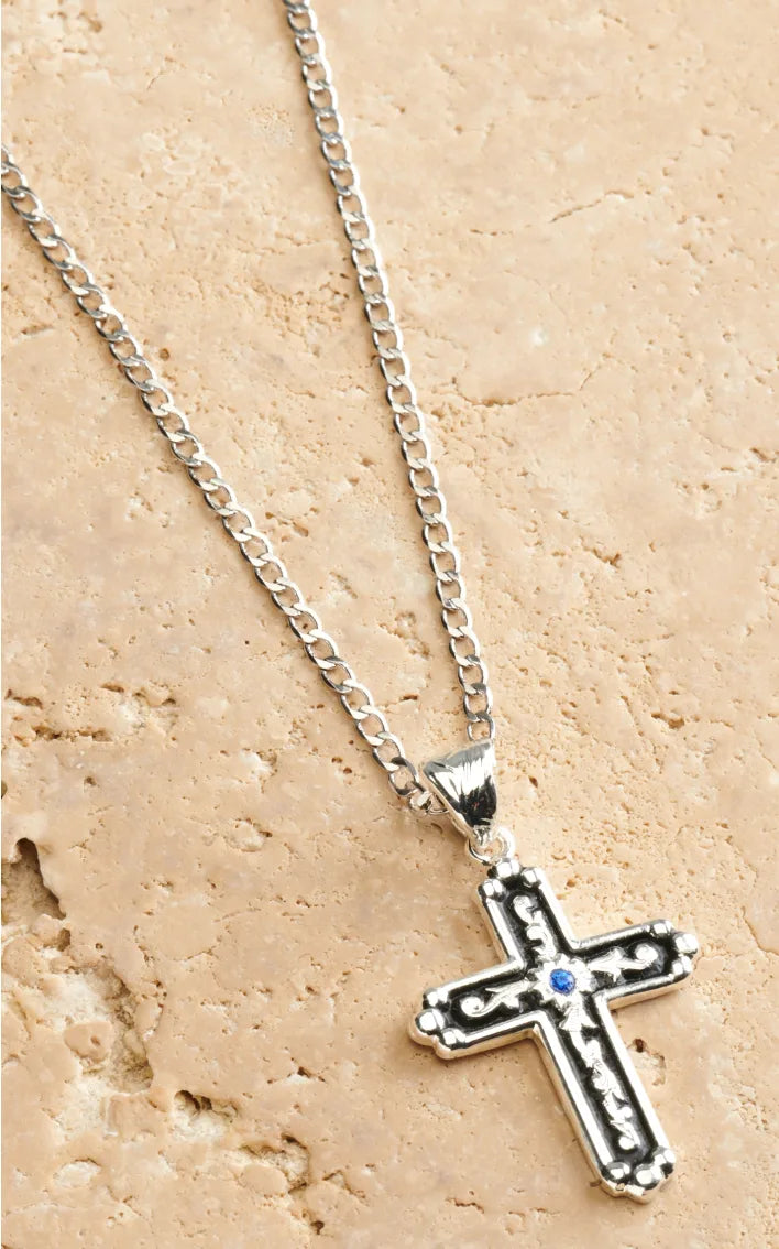 Silver Strike Men's Blue Crystal Cross Necklace