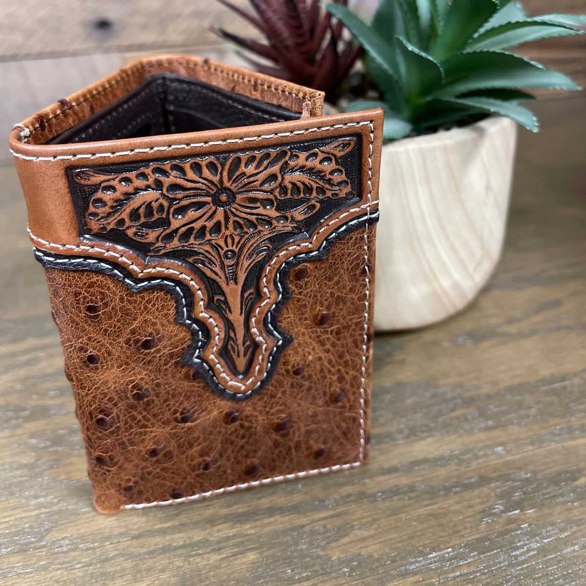 Ariat Men's Imitation Ostrich & Floral Tooled Leather Trifold Wallet