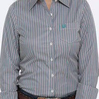 Cinch Women's L/S Tri-Color Stripe Tencel Button Down Shirt- Navy, Teal, Cream